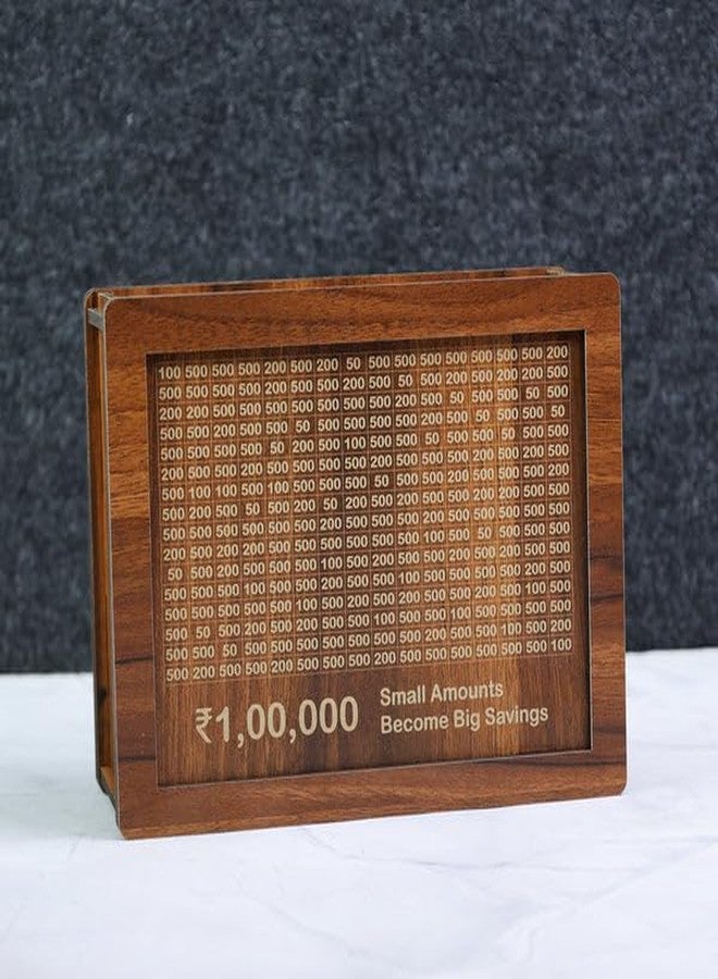 TRIVYOM Cash Vault Wooden Savings Box || Wooden Cash Saver Money Box || Wooden Piggy Bank with Easy Tracking of Savings || 1,00,000 Rupees Money Saving Piggy Bank || Reusable Piggy Bank - Image 2